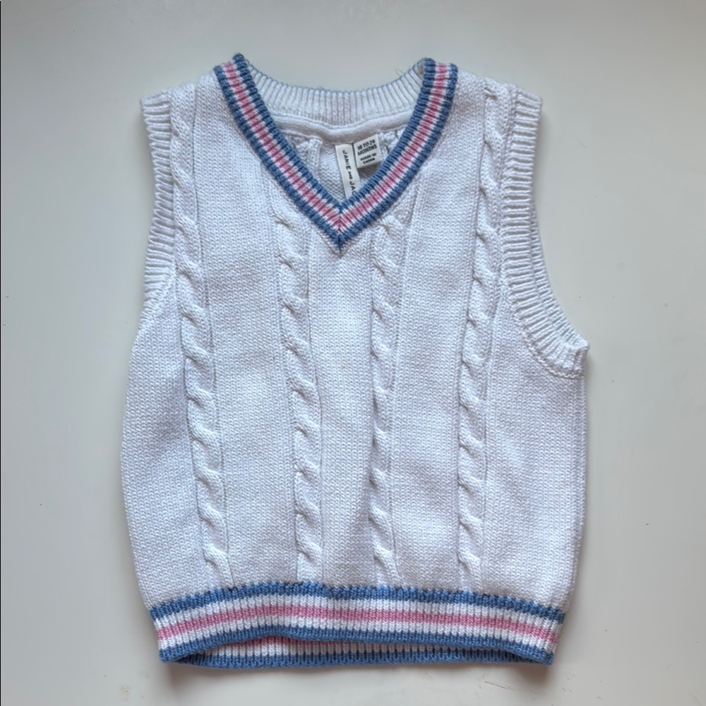Easter: White Cable Knit Sweater Vest with Striped Trim